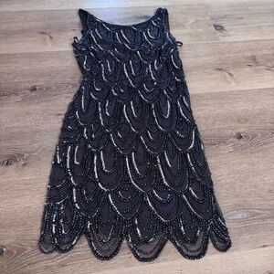 Pisarro Nights Beaded Sequin Scalloped Flapper Dress Grey Black Women Size 4